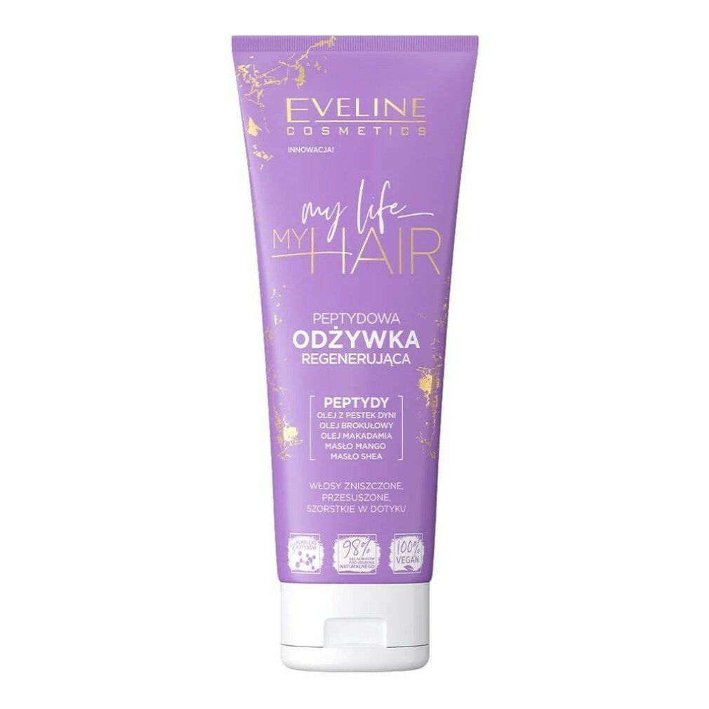 Lila Tube mit Text. "Eveline Cosmetics My Life My Hair" und "Peptydowa Odżywka Regenerująca" stehen drauf. Vegan-Siegel.