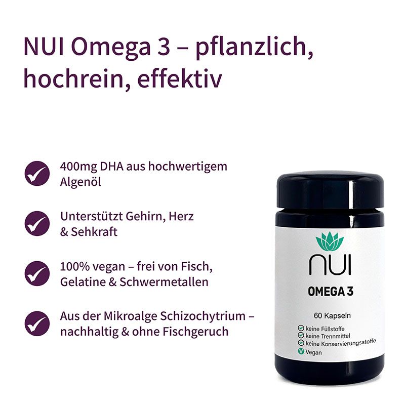 NUI Omega 3 Flasche. Schwarzer Deckel, weißes Etikett mit grünem Logo. 60 Kapseln. Vegan, ohne Fischgeruch, aus Mikroalgen.
