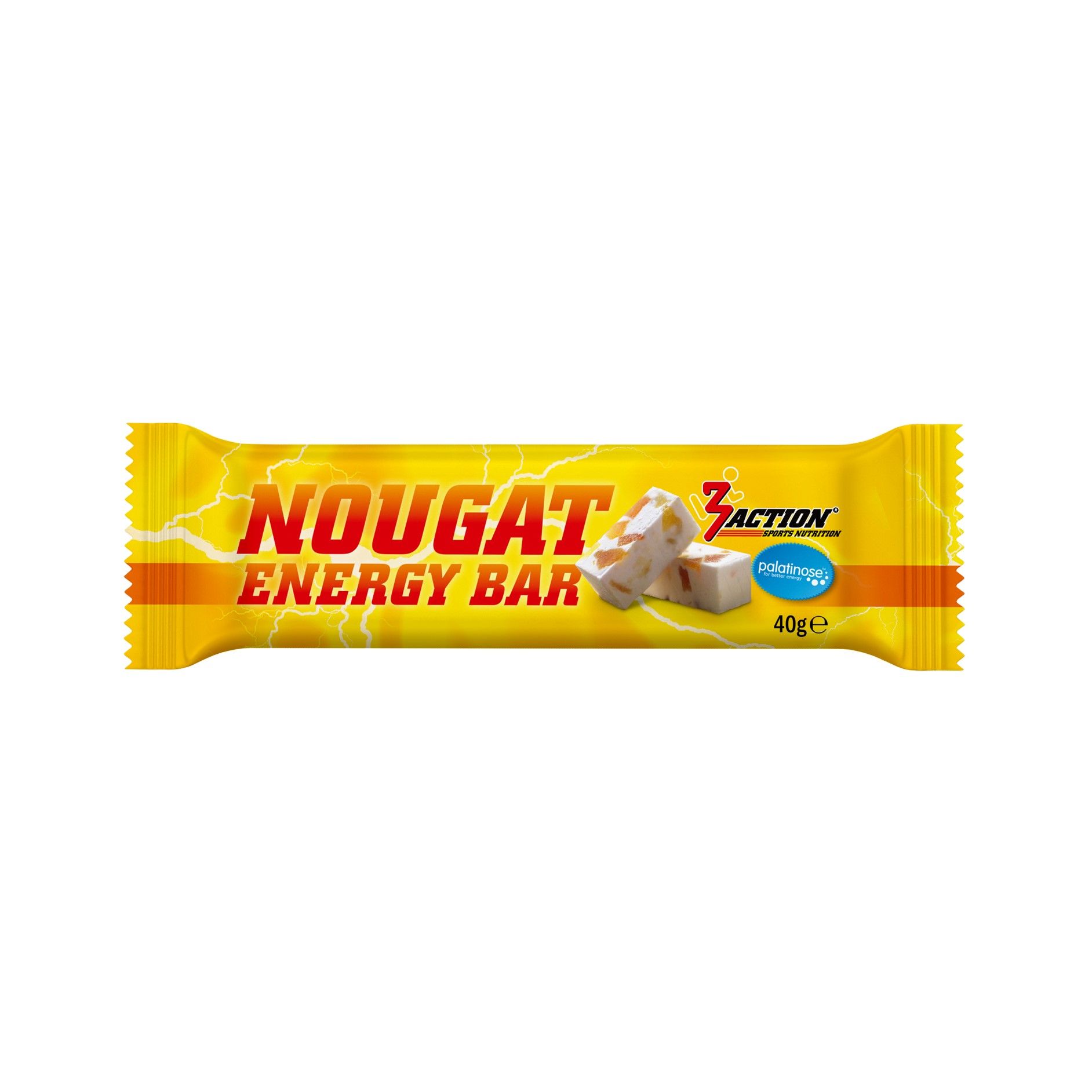 Gelber Riegel mit der Aufschrift "NOUGAT ENERGY BAR". Einzelne Nougatstücke sind abgebildet. 40g.