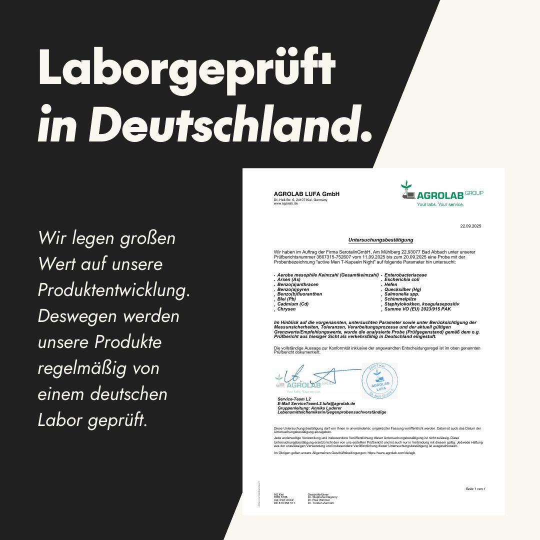 Laborgeprüft in Deutschland. Zertifikat von Agrolab. Text über Produktentwicklung und regelmäßige Prüfung.
