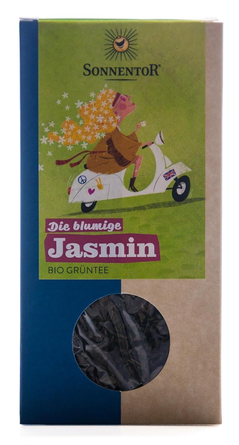 Sonnentore Jasmin Bio Grüntee in einer Pappschachtel mit Sichtfenster und Illustration.