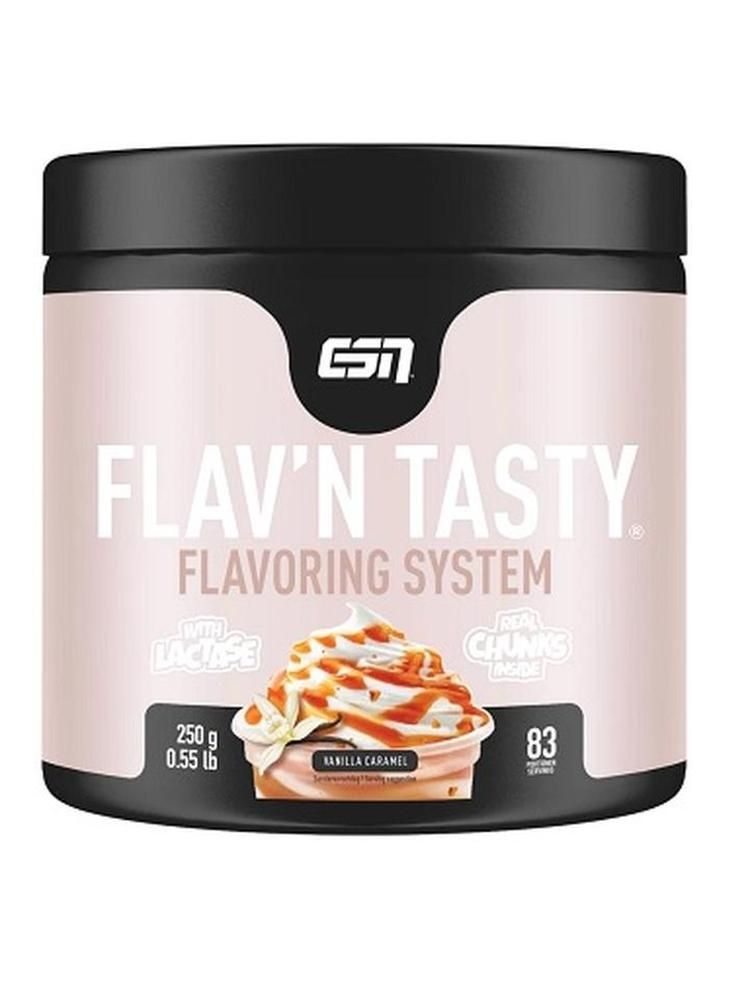 ESN-Behälter mit Flav'n Tasty, Vanille-Karamell-Geschmack. Enthält 250 g und 83 Portionen. Mit Laktase.