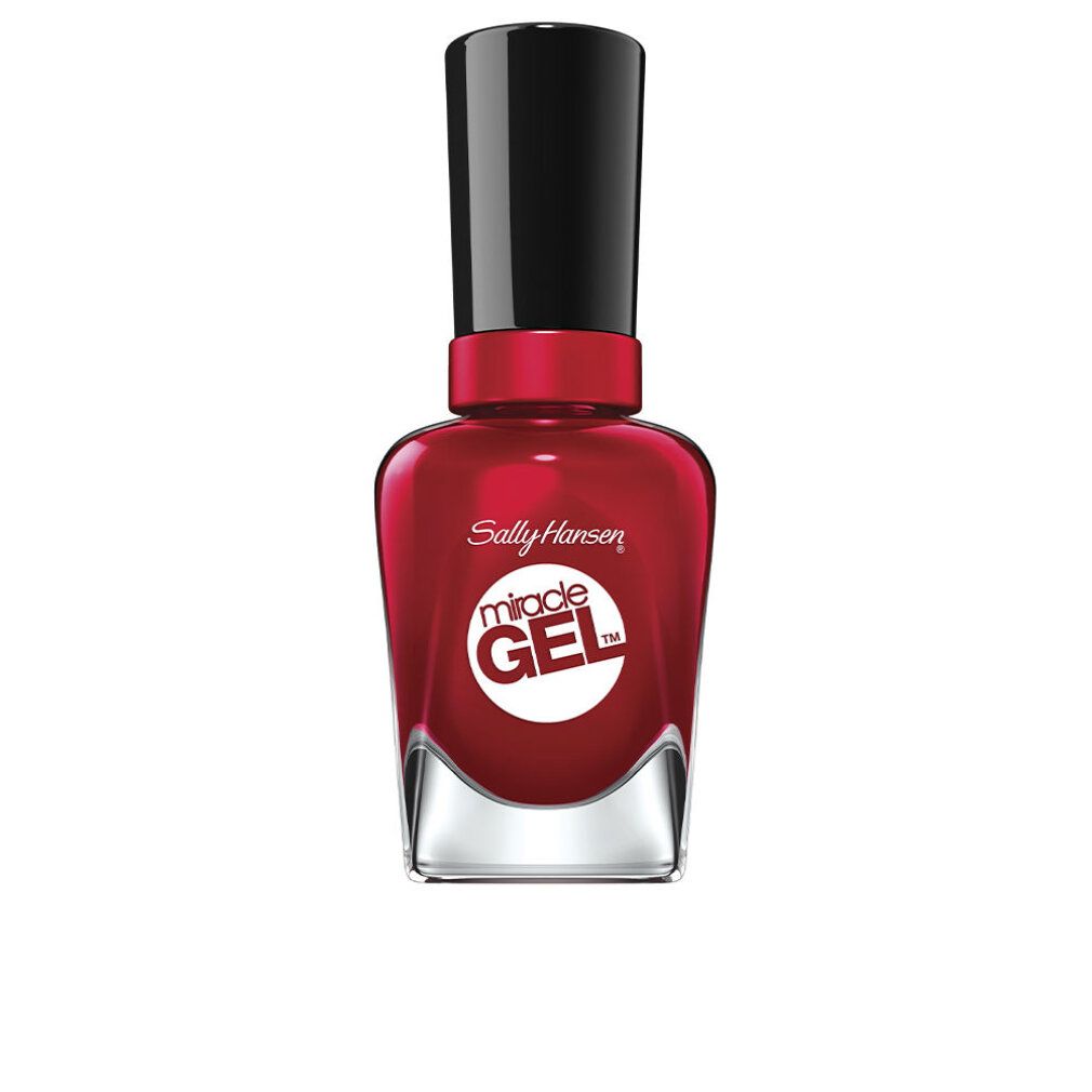 Roter Nagellackflakon. Schwarzer Deckel. Aufschrift: Miracle Gel, Sally Hansen.