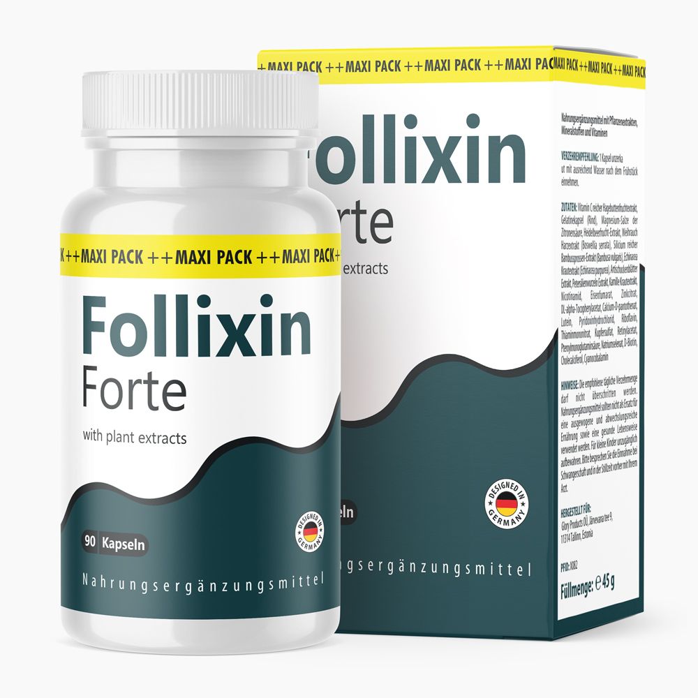 Confezione e flacone di Follixin Forte Kapseln. Flacone bianco con capsule, etichetta con nome del prodotto e informazioni. Scatola con nome del prodotto.