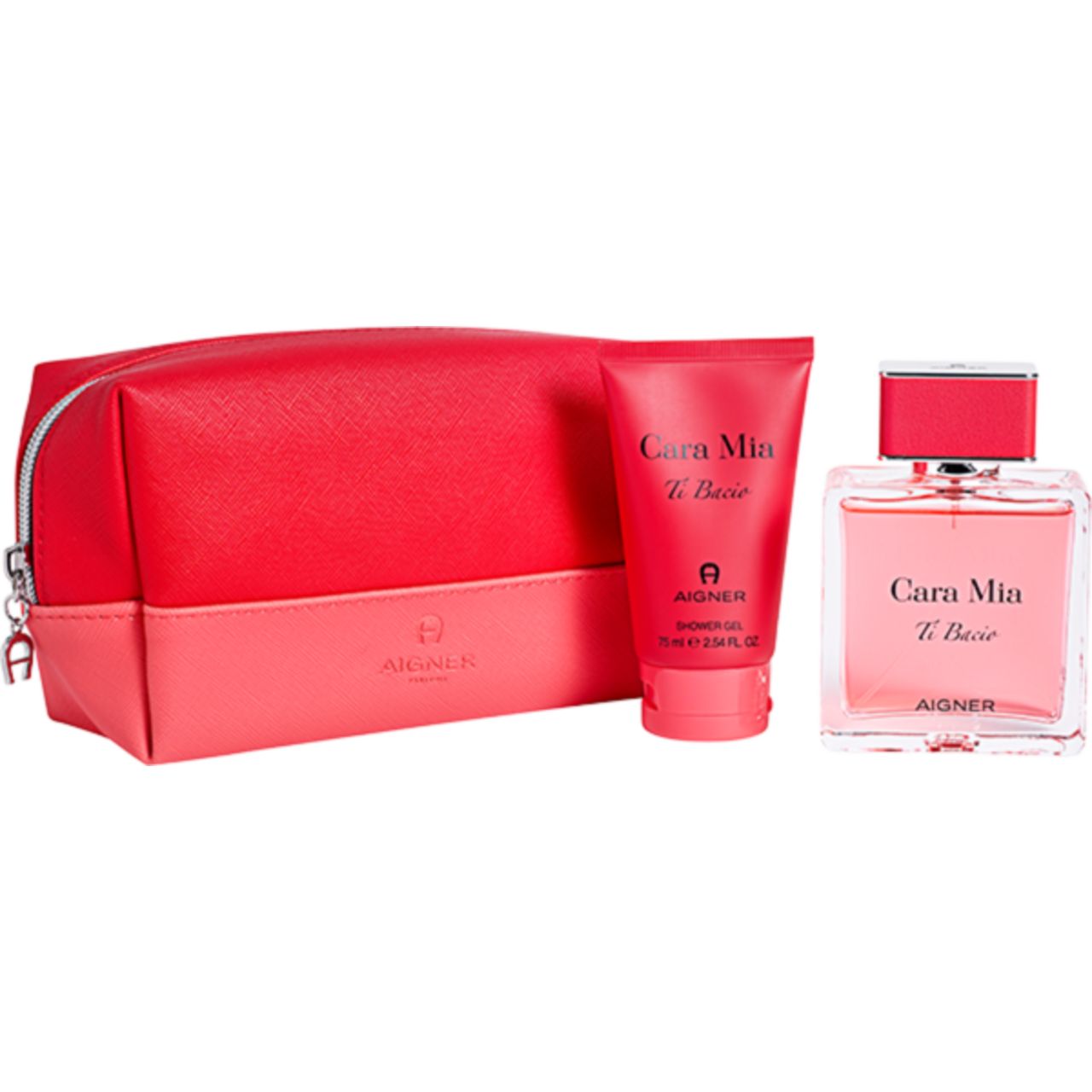 Rotes Kosmetiktäschchen, Duschgel und Parfum von Aigner. Cara Mia Ti Bacio Set. Rosa Flakon und Tube.