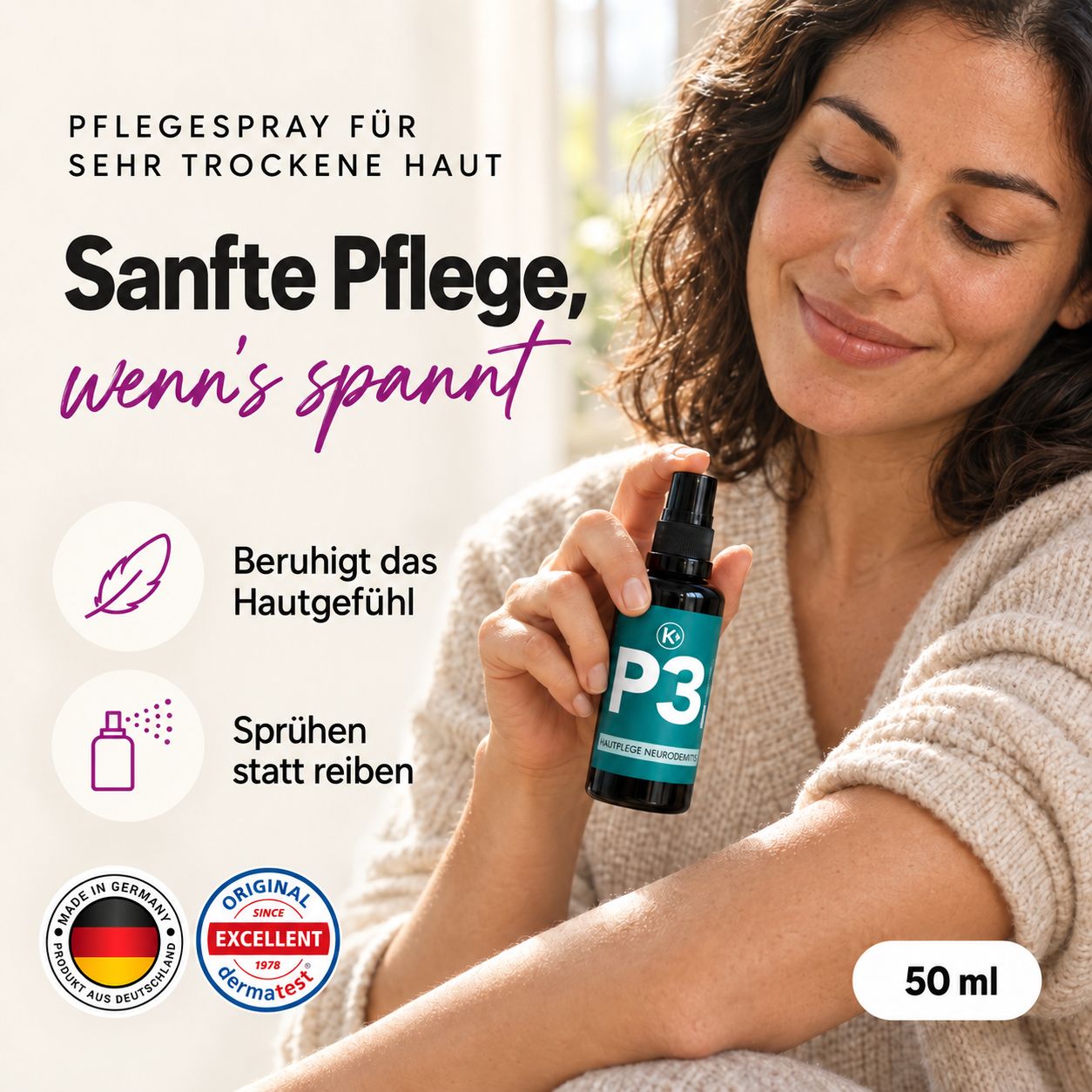 Frau hält Clese P3 Spray. Sanfte Pflege bei Spannungsgefühl. 50 ml.
