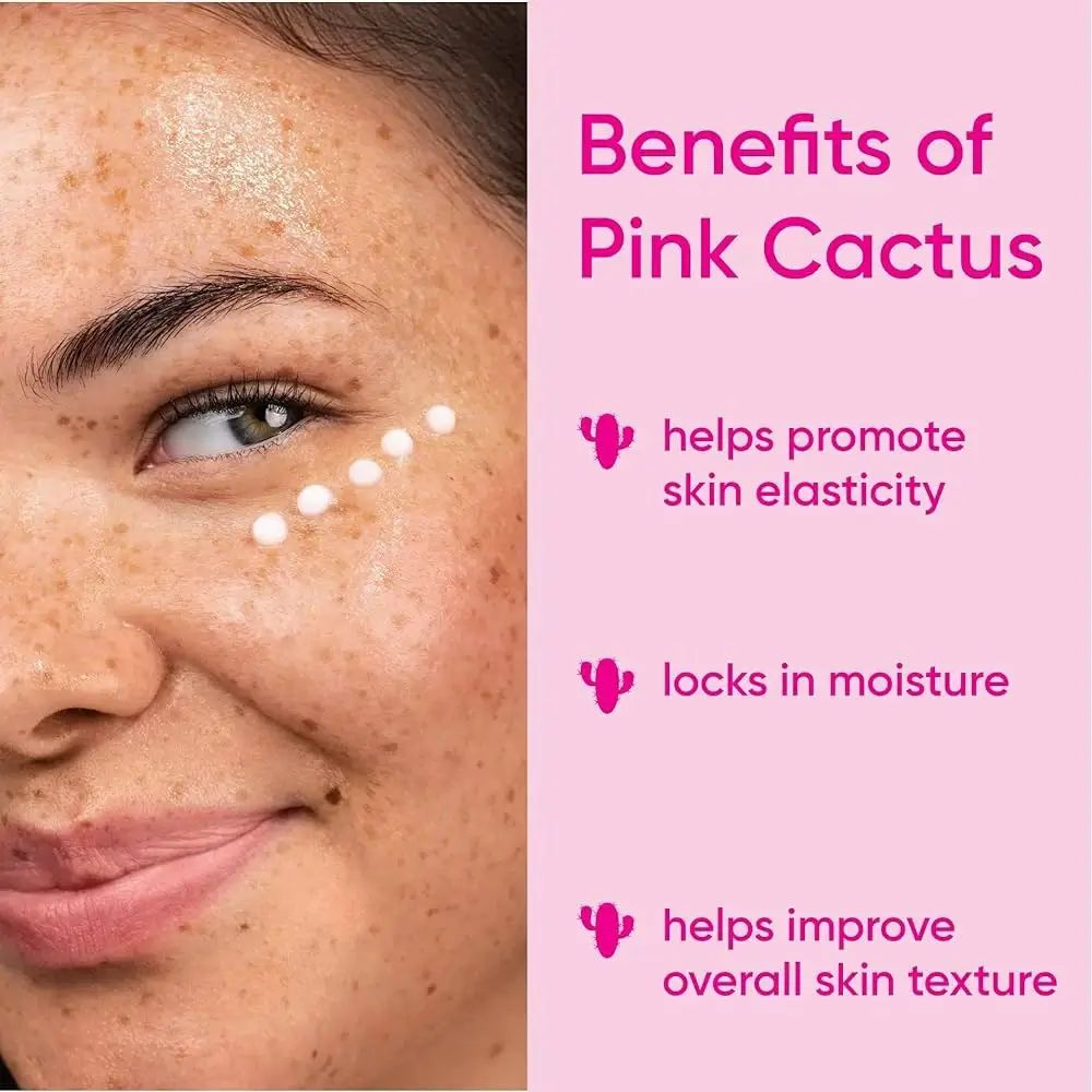 Nahaufnahme eines Gesichts mit Creme unter dem Auge. Text: Benefits of Pink Cactus. Text und Icons.