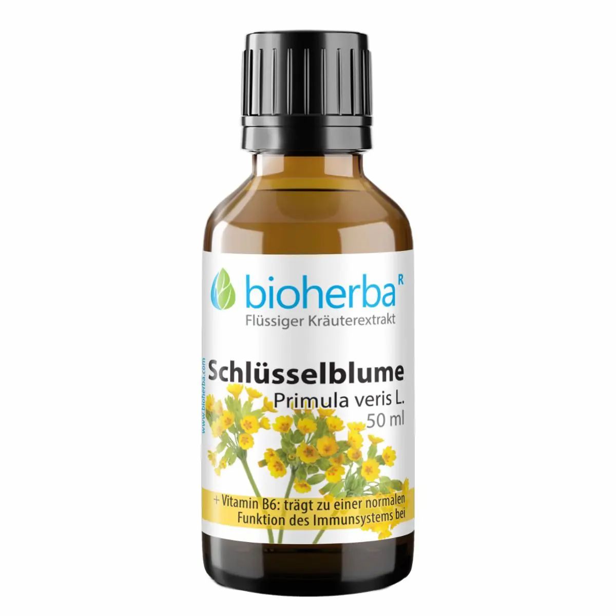 Braune Glasflasche mit schwarzem Deckel. Etikett: Bioherba, Schlüsselblume Primula veris L. 50 ml. Gelbe Blütenabbildung.