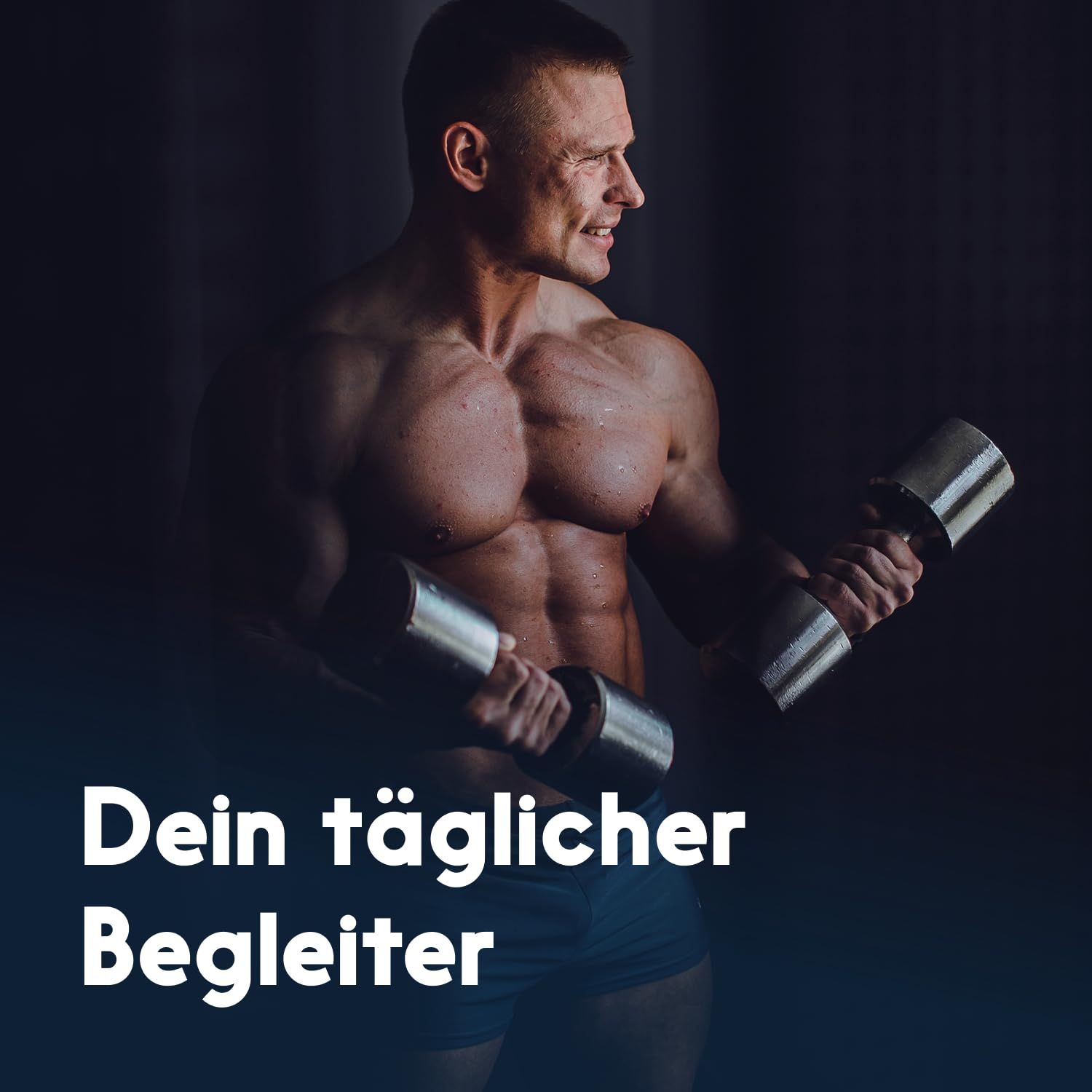Muskulöser Mann mit Kurzhanteln. Text: Dein täglicher Begleiter.