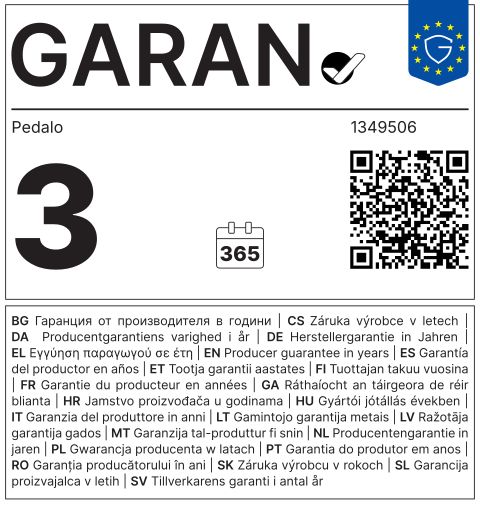 Garantiekarte mit 'GARAN' Logo, 'Pedalo' und '3 Jahre Garantie'.
