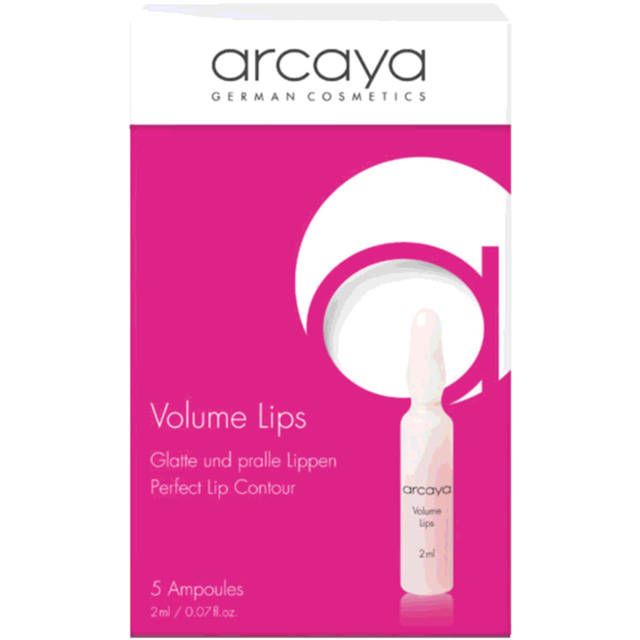 Verpackung mit 5 Ampullen. Produktname: Volume Lips. Text: Glatte und pralle Lippen, Perfect Lip Contour. Marke: Arcaya.