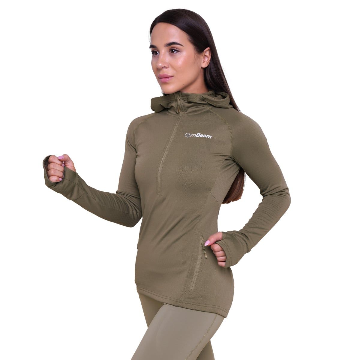 GymBeam Sweatshirt Damen slim mit halbem Reißverschluss und Taschen in Vetiver