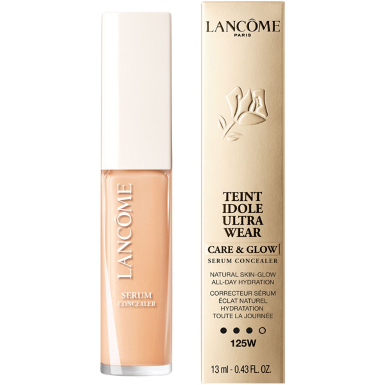 Concealer-Flakon und Verpackung. Flakon mit hellem Inhalt, weißem Deckel. Verpackung mit Produktnamen und Logo.