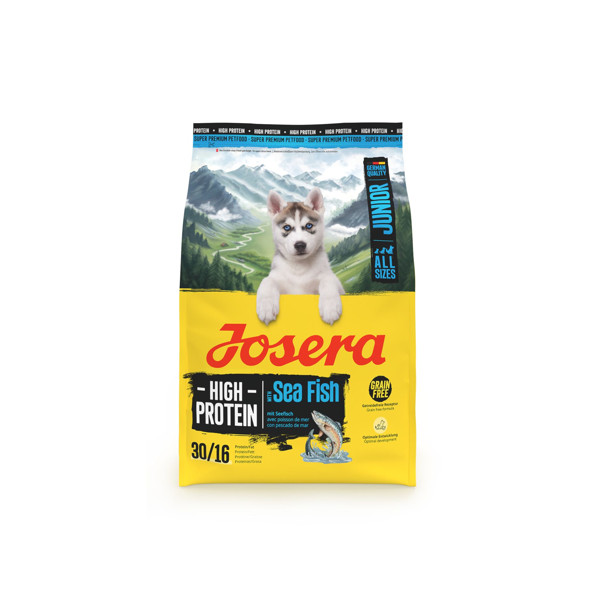 Josera High Protein Seefisch Junior Hundefutter-Sack mit Husky-Welpen-Motiv und Berglandschaft.