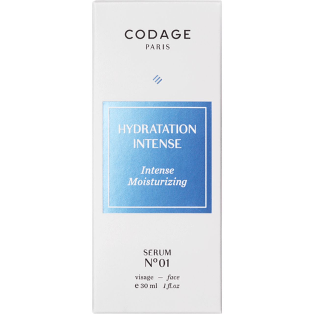 Weiße Verpackung mit blauem Etikett. Text: CODAGE PARIS, HYDRATATION INTENSE, Serum N°01. Für Gesicht.