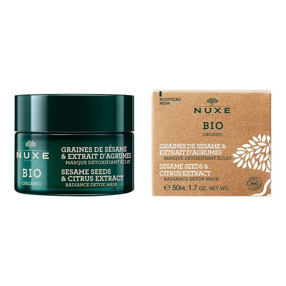 NUXE BIO-Gesichtsmaske und Verpackung. Text: GRAINES DE SÉSAME & EXTRAIT D'AGRUMES, MASQUE DÉTOXIFIANT ÉCLAT, SESAME SEEDS & CITRUS EXTRACT, RADIANCE DETOX MASK, 50ml.
