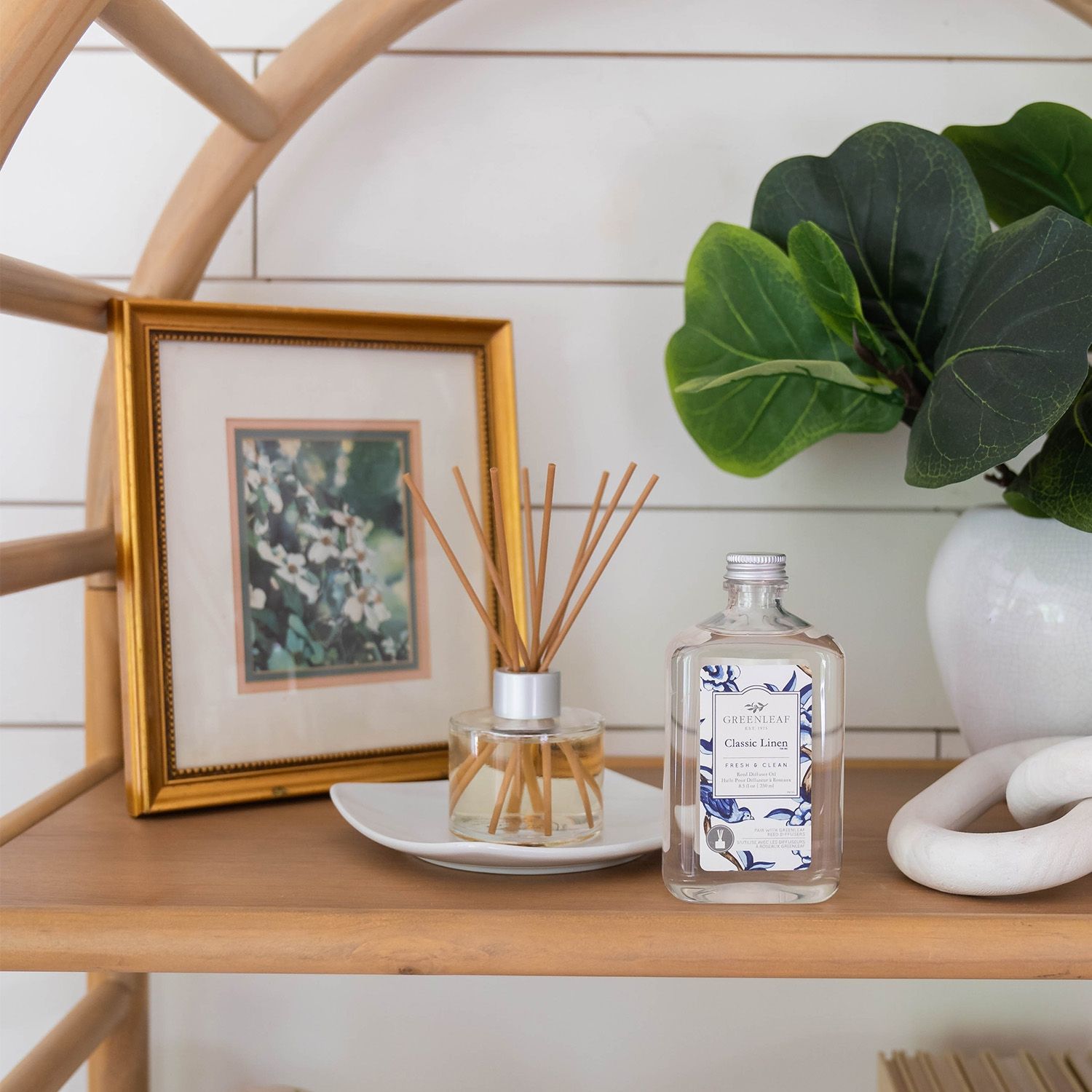 Greenleaf Reed Diffuser mit Stäbchen in einem Glasflakon auf einem Regal. Daneben ein weiterer Greenleaf Diffuser und eine Pflanze.