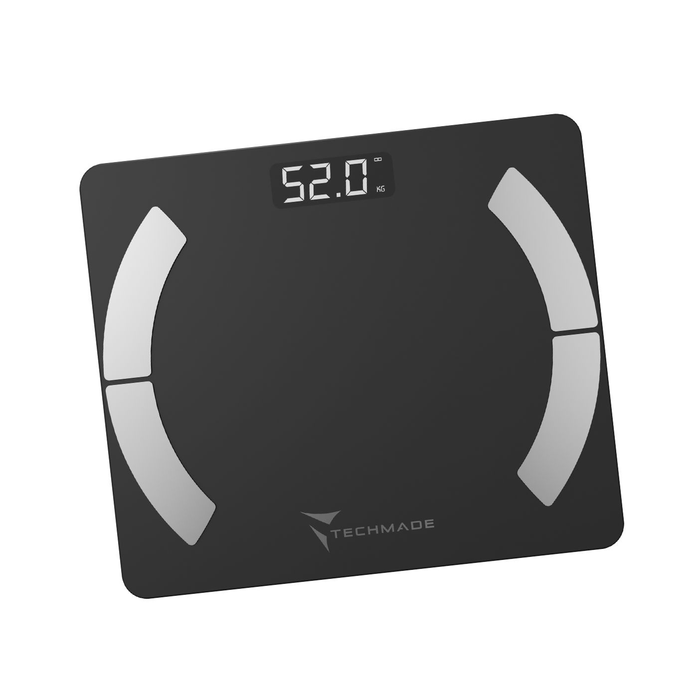Bilancia digitale nera. Display 52.0. Elementi semicircolari laterali. Marchio TECHMADE.