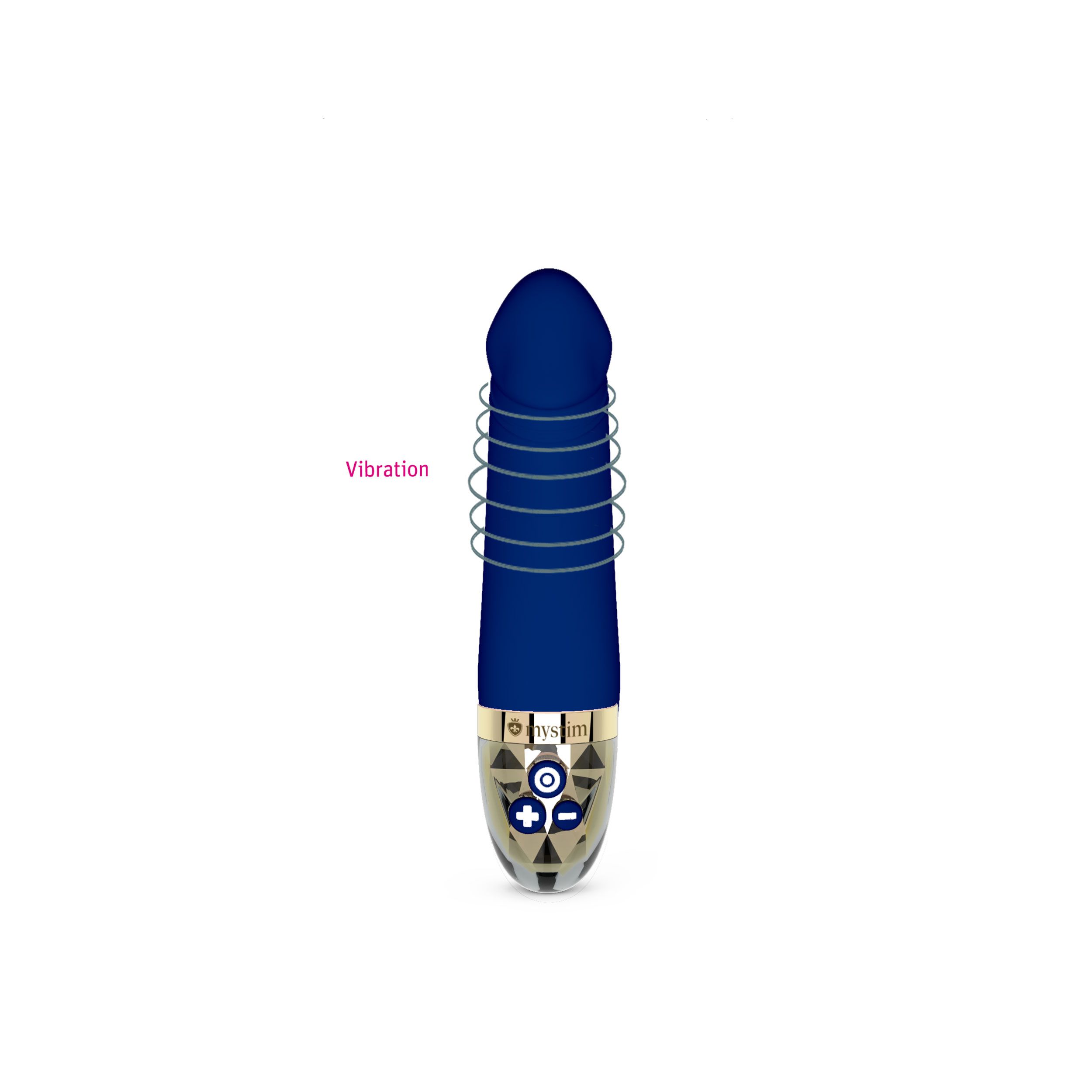 Blauer Vibrator mit goldfarbenem Sockel. Vibration angedeutet.