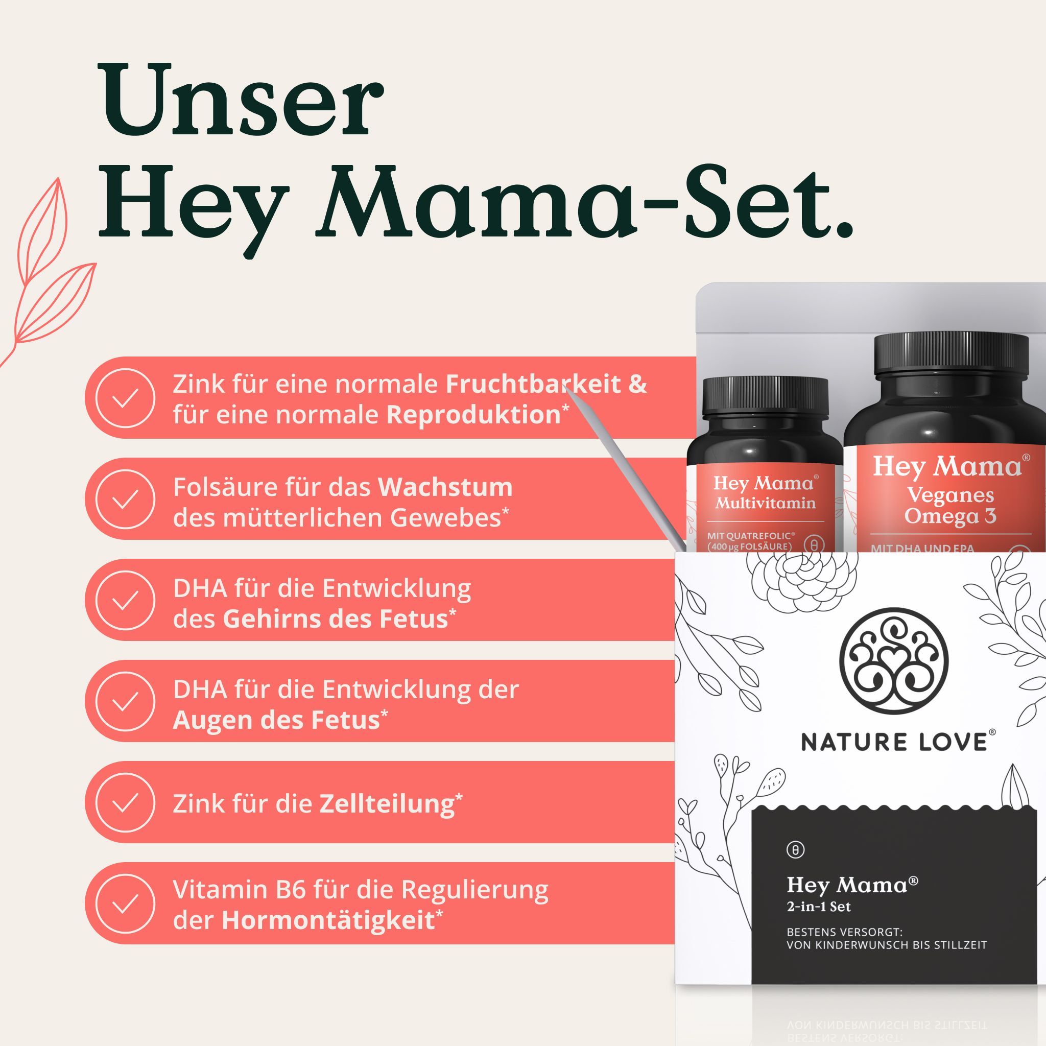 NATURE LOVE® Hey Mama Schwangerschaftsvitamine - Folsäure, Omega 3, Vitamine, Mineralstoffe