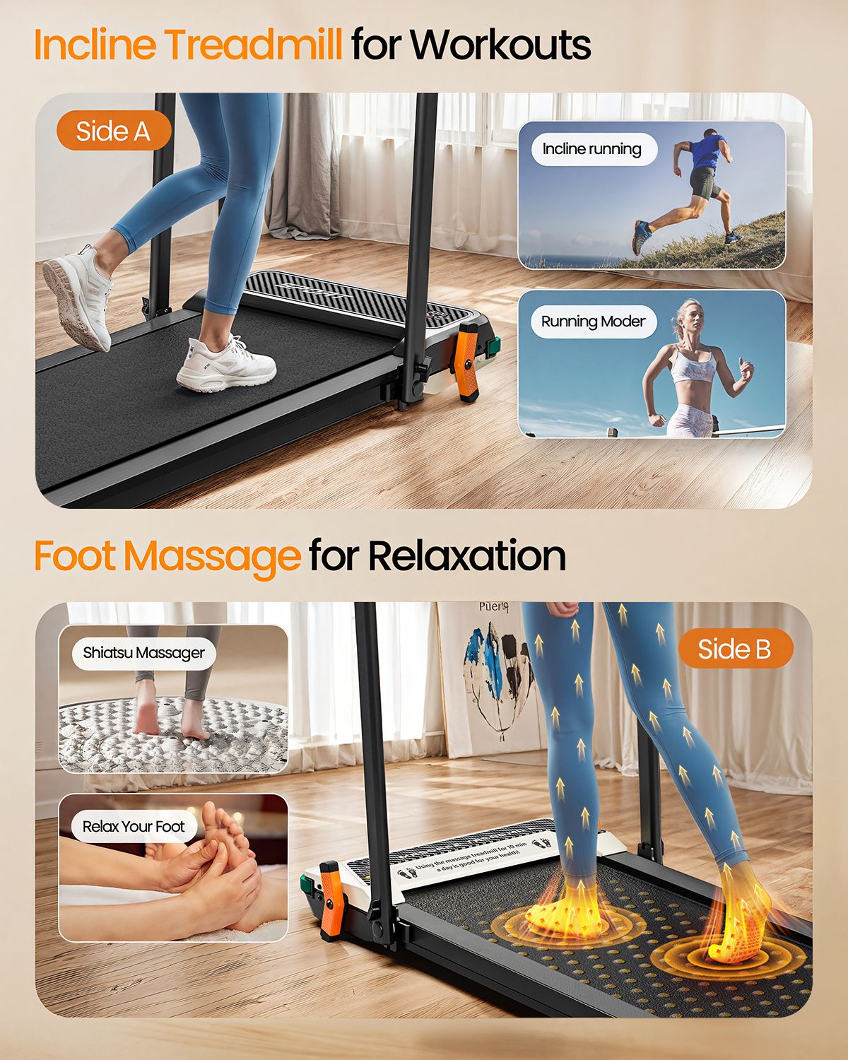 Zwei Laufbänder. Oben: Incline Treadmill for Workouts. Unten: Foot Massage for Relaxation. Bilder zeigen die Funktionen.