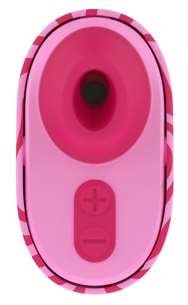 Rosa Vibrator mit pinken Streifen. Zwei Knöpfe. Pinker Aufsatz. Ansicht von oben.