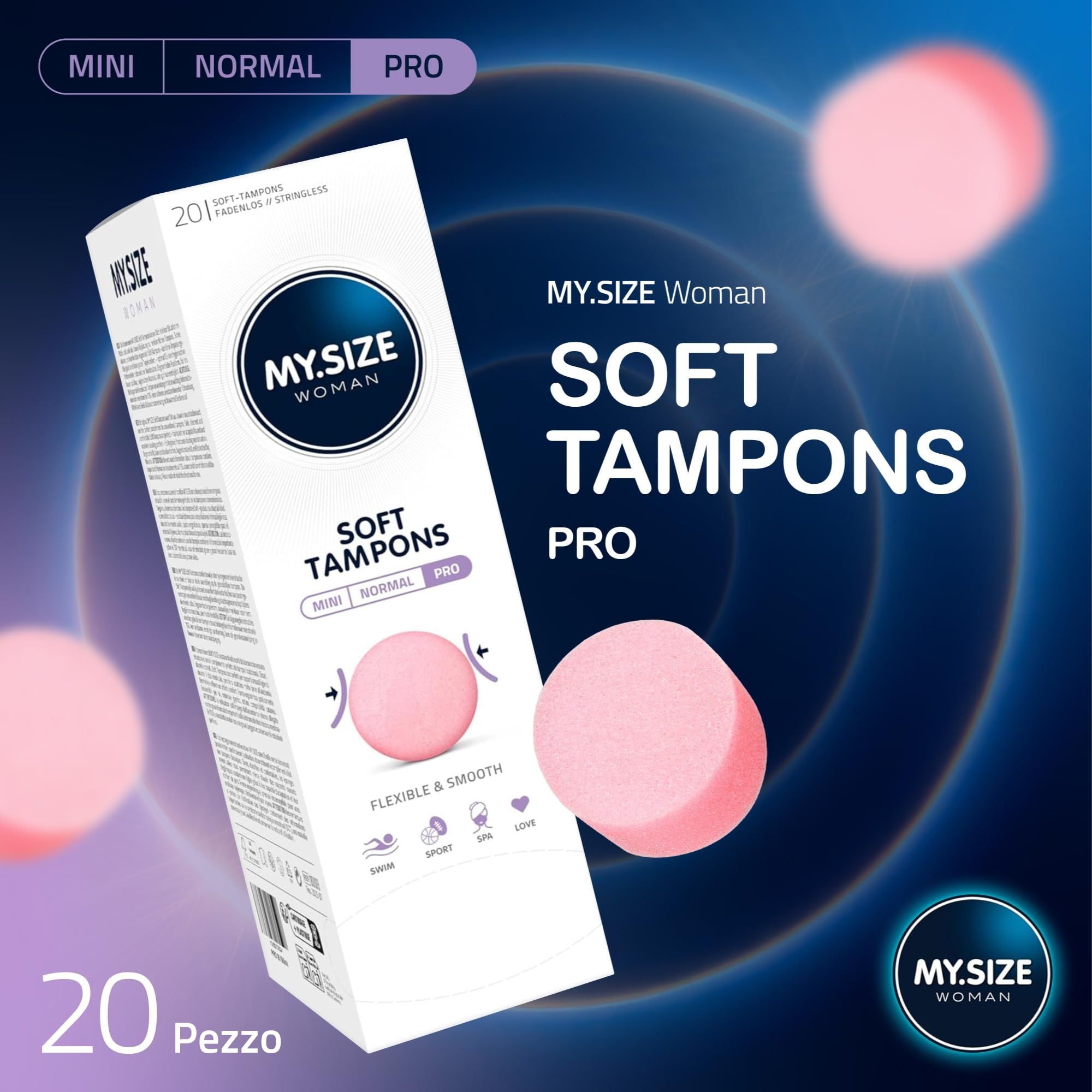 MY.SIZE Woman Soft Tampons Pro Verpackung mit 20 Stück. Rosa Tampons, flexibel und glatt.