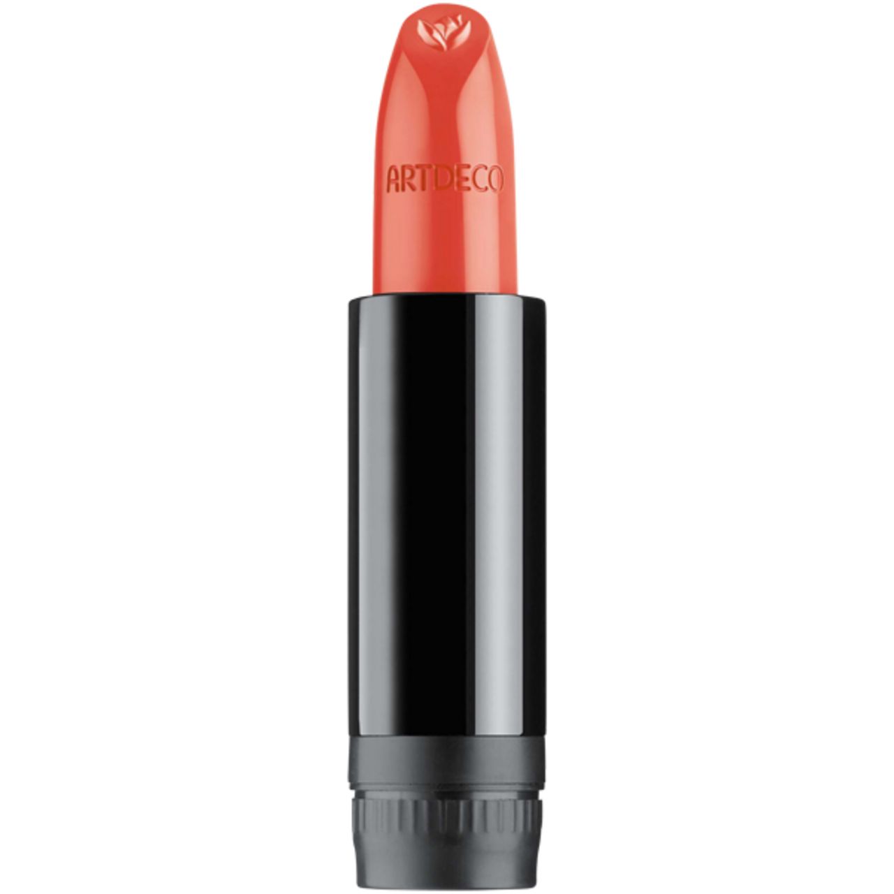 Artdeco Green Couture Lippenstift-Nachfüller. Schwarze Hülse, orangefarbener Lippenstift. Marke sichtbar.