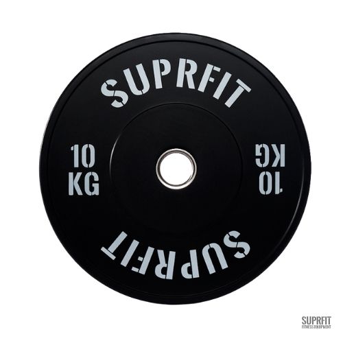 Schwarze Suprfit Econ Bumper Plate mit weißem Logo. Gewicht: 10 KG. Runde Form mit Loch in der Mitte.