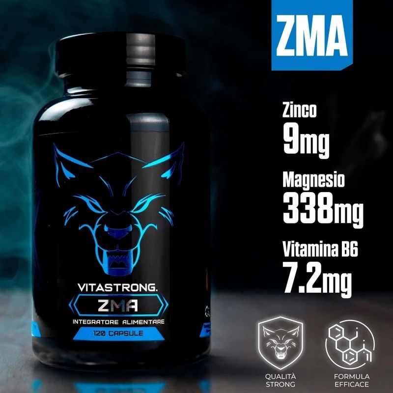 Schwarze Flasche mit blauer Wolfsgrafik. Enthält Zink, Magnesium, Vitamin B6. Aufschrift: Vitastrong ZMA, 120 Kapseln.