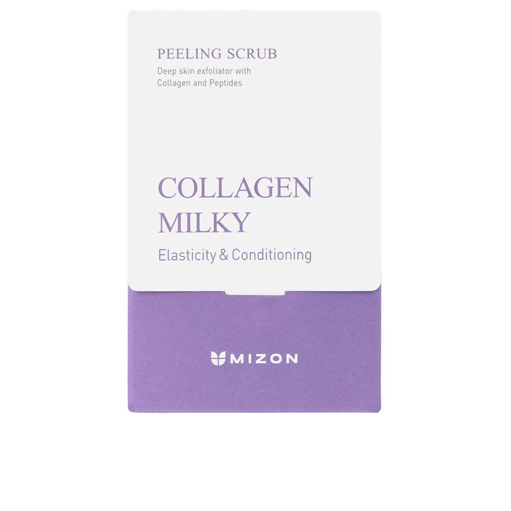 Weiße Verpackung mit lila Akzenten. Aufschrift: PEELING SCRUB, COLLAGEN MILKY, MIZON.