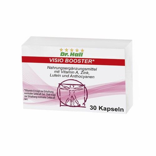 Weißer Karton mit rotem Streifen. Aufschrift: Dr. Hall VISIO BOOSTER*. Nahrungsergänzungsmittel mit Vitamin A, Zink, Lutein und Anthocyanen. 30 Kapseln.