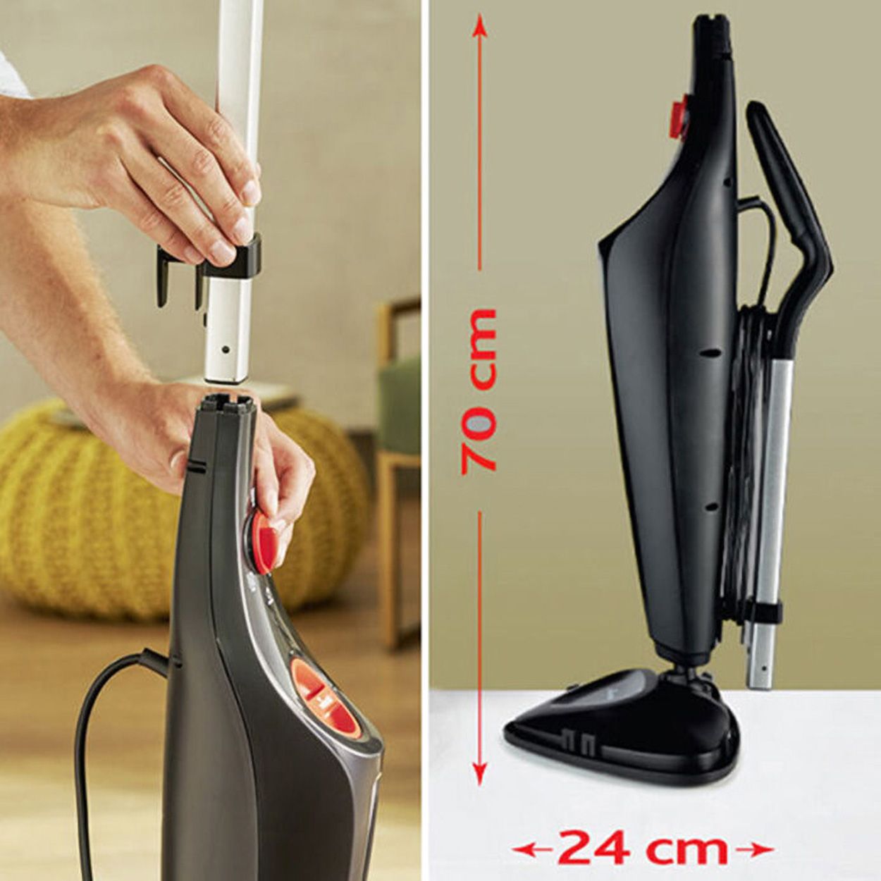Dampfreiniger, schwarz, mit rotem Knopf. Maße: 70 cm hoch, 24 cm breit. Montage des Stiels.