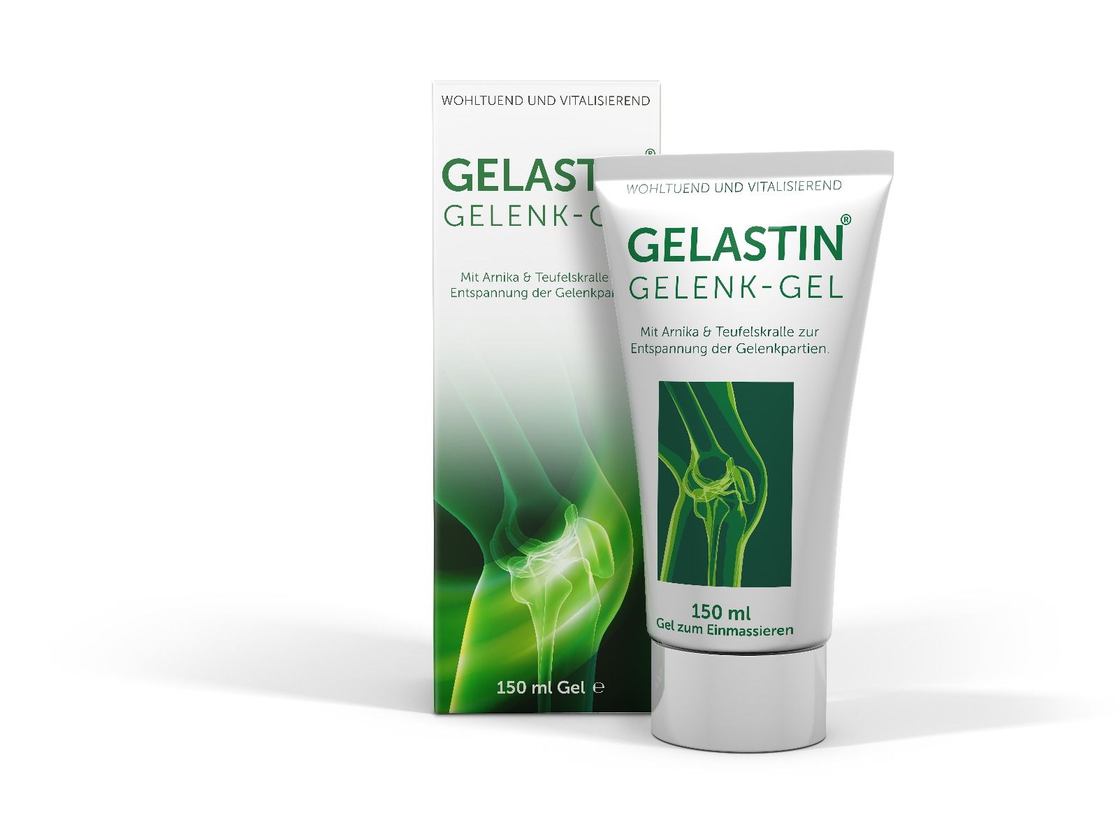Weiß-grüne Tube und Schachtel. Aufschrift GELASTIN Gelenk-Gel. Abbildung eines Knies. 150 ml.