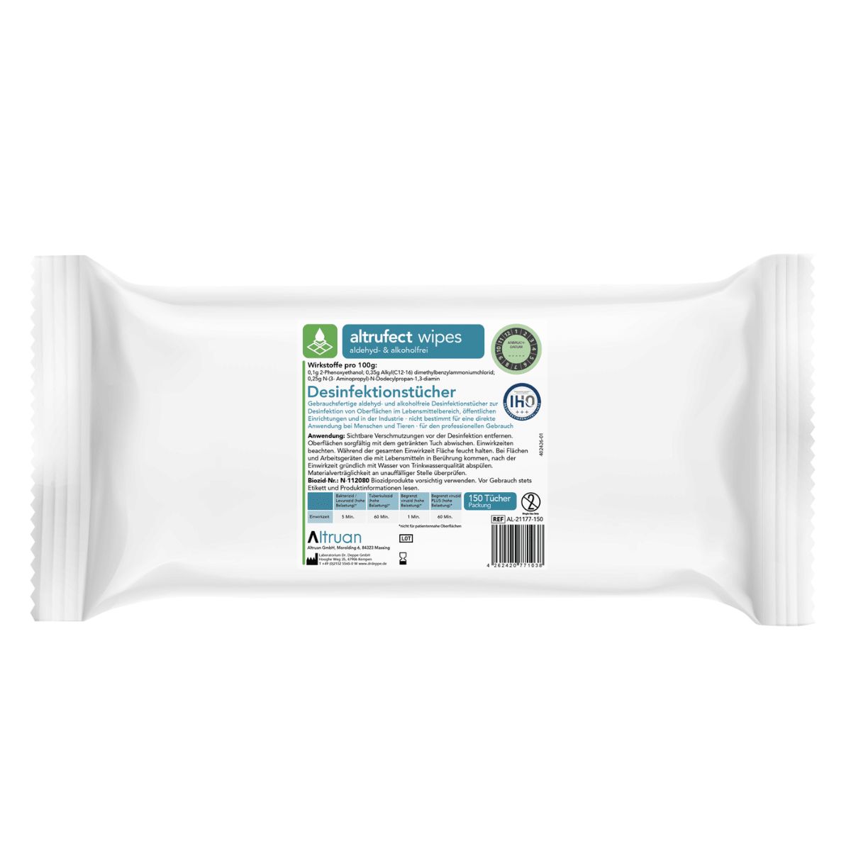 Weiße Verpackung mit "altrufect wipes"-Logo und Text. Enthält Desinfektionstücher. IHO-Zertifizierung sichtbar. Barcode und Herstellerlogo unten.