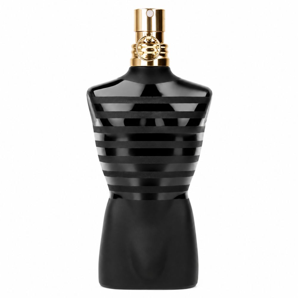 Schwarze Flasche in Form eines männlichen Torsos mit horizontalen Streifen und goldenem Sprühkopf.