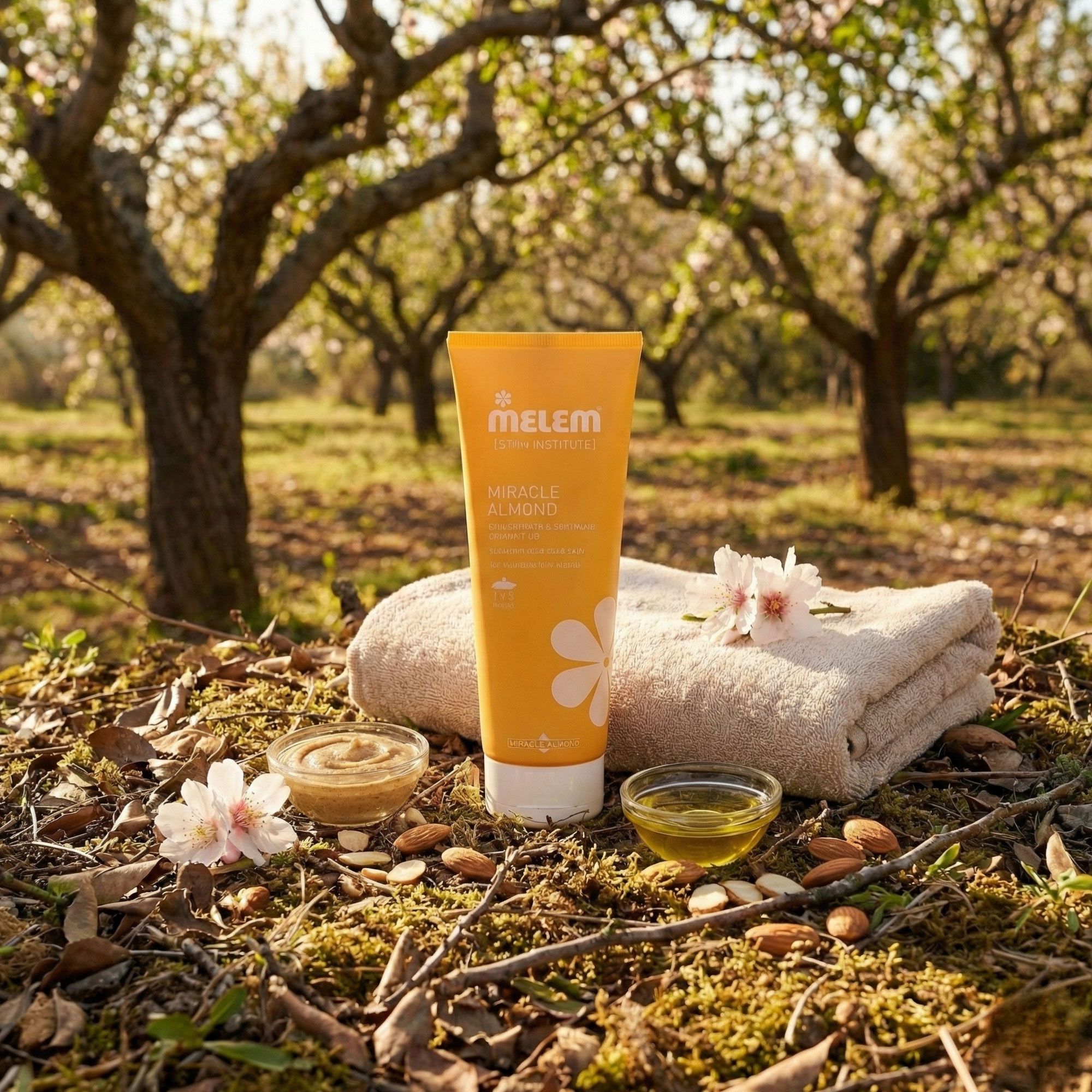 Gelbe Tube, Melem, Miracle Almond. Aufschrift: Nährendes & beruhigendes Duschöl. Auf Moos mit Mandeln, Blüten und Handtuch.