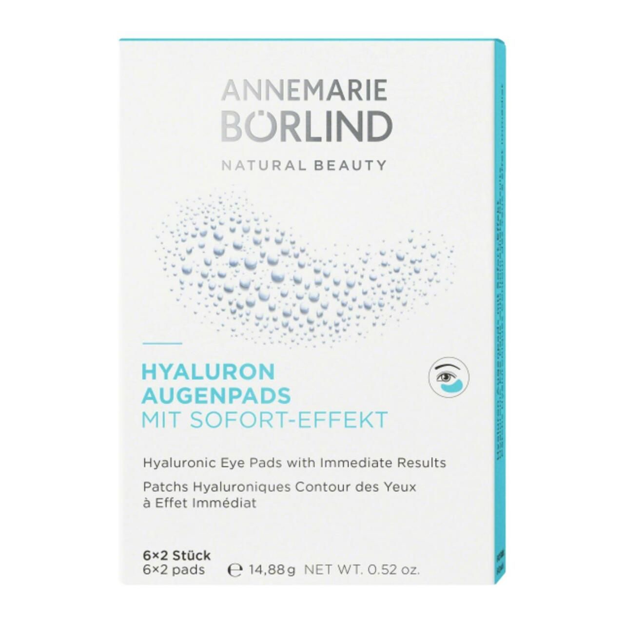 Einzelpackung Augenpads. Marke: ANNEMARIE BÖRLIND. Text: Hyaluron Augenpads mit Sofort-Effekt. 2 Pads.