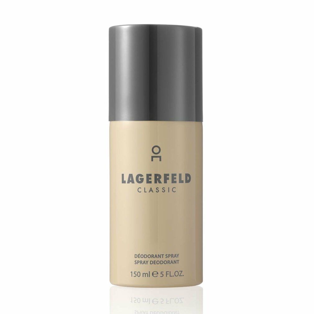 Deospray-Flasche. Beige-farbener Zylinder mit grauem Deckel. Aufschrift: LAGERFELD CLASSIC, Deodorant Spray, 150 ml e 5 FL.OZ.