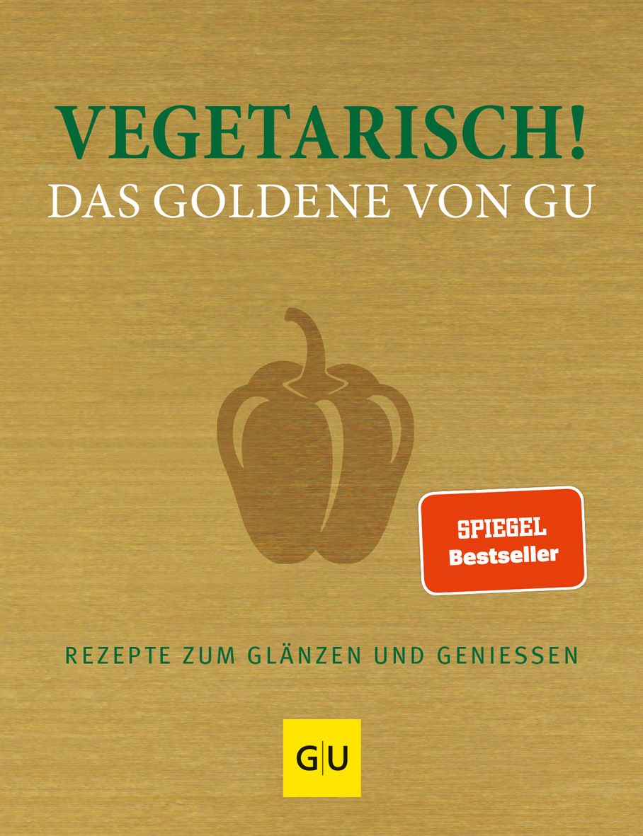 Buchcover: "Vegetarisch! Das Goldene von GU". Brauner Hintergrund, Paprika-Illustration, rotes "Spiegel Bestseller"-Siegel, GU-Logo.