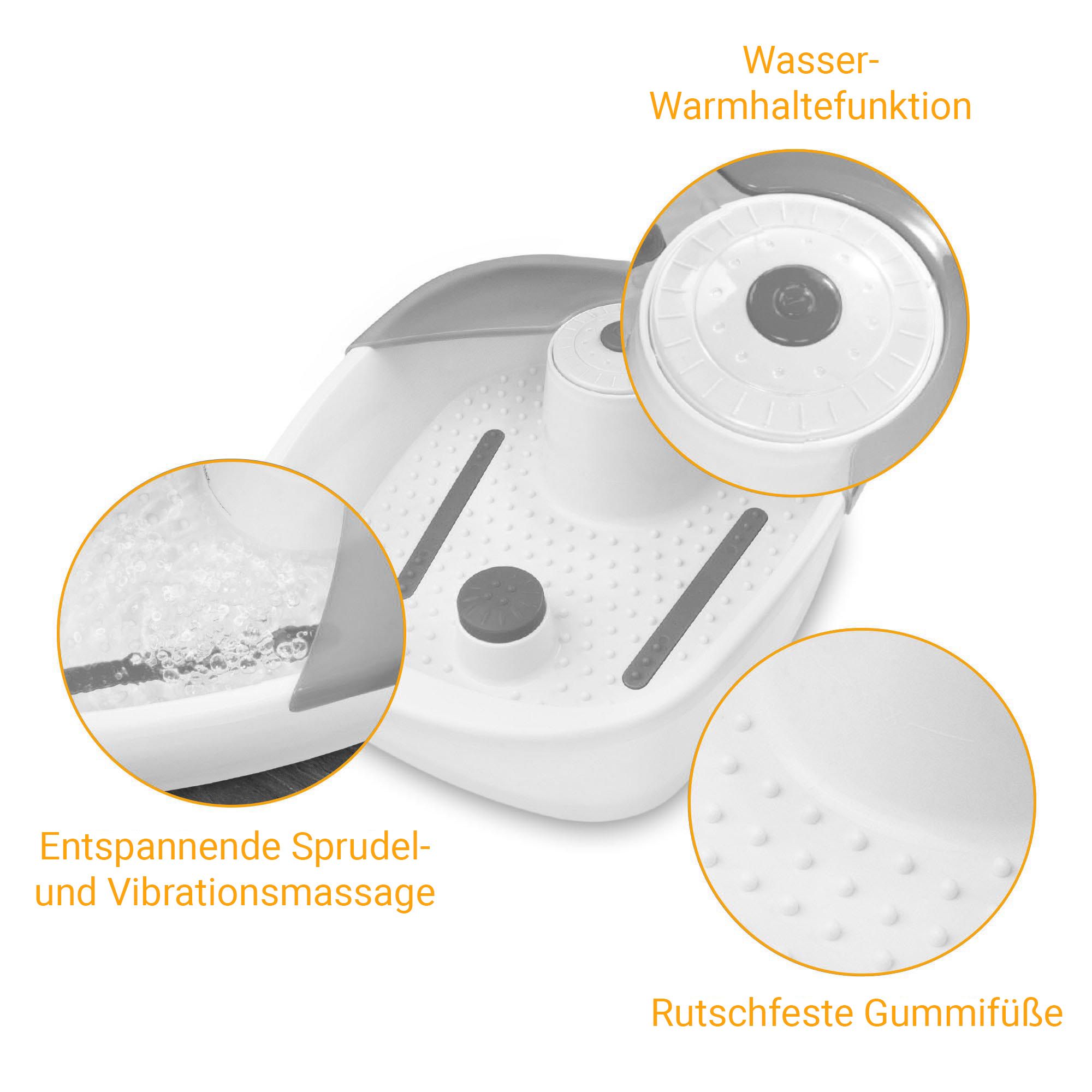 Detailansicht eines Fußsprudelbads mit Sprudel- und Vibrationsmassage.