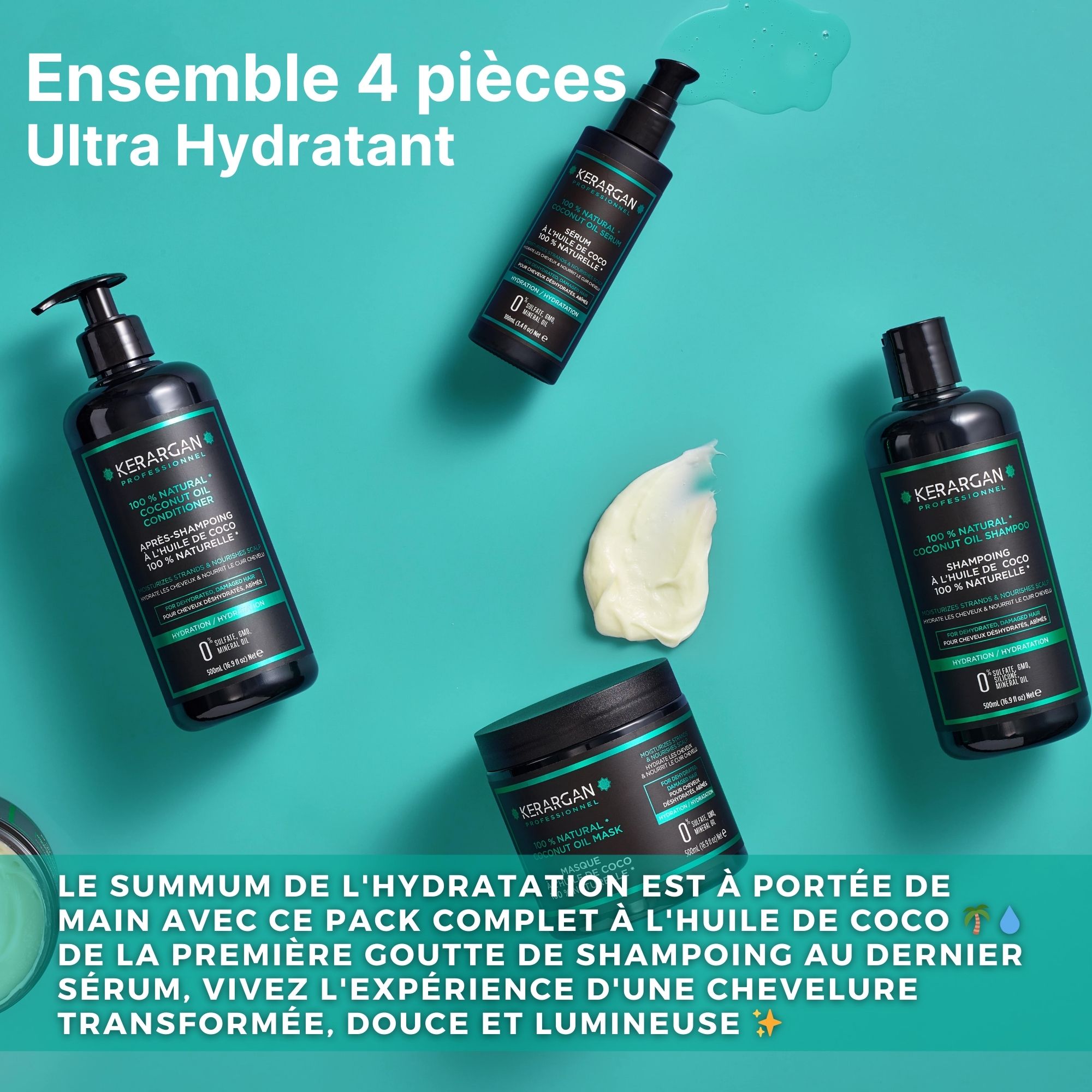 Quatre produits Kerargan sur fond bleu. Shampooing, après-shampooing, masque et sérum. Texte.