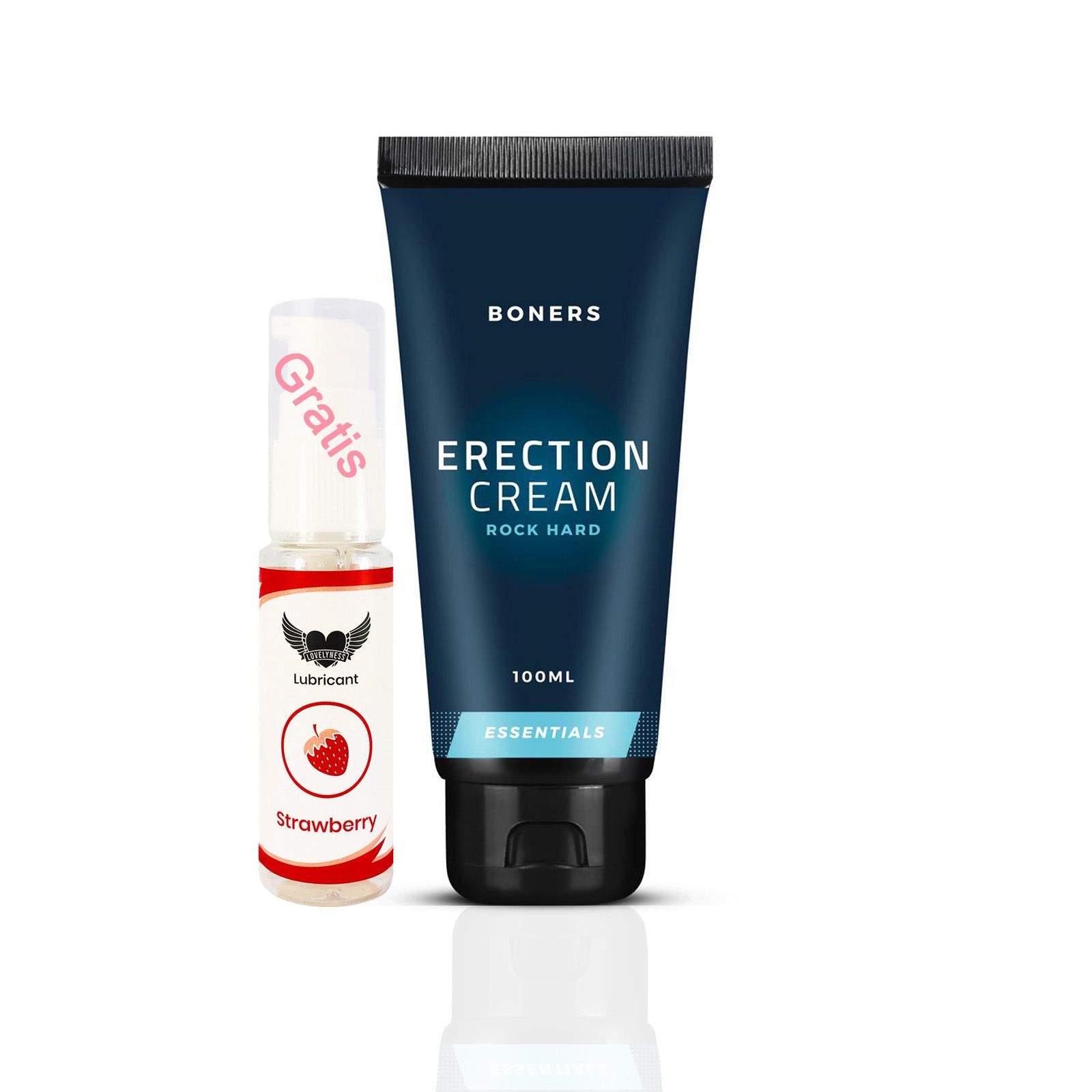 Erektionscreme und Erdbeer-Gleitmittel. Blaue Tube mit "Boners" und "Erection Cream". Kleines Fläschchen mit "Gratis" und Erdbeere.