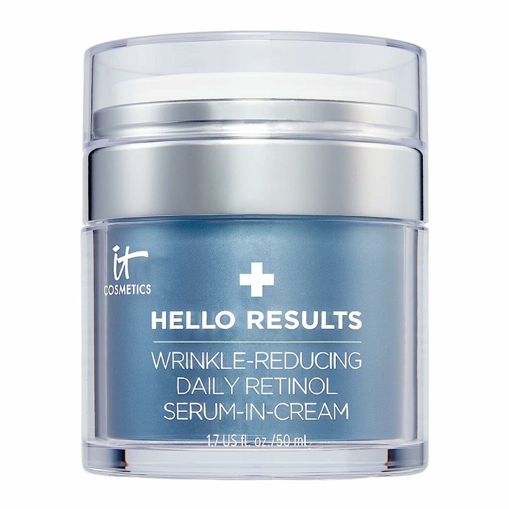 Blau-silberner Tiegel mit Deckel. Aufschrift: Hello Results, Daily Retinol Serum-In-Cream. Marke: IT Cosmetics.