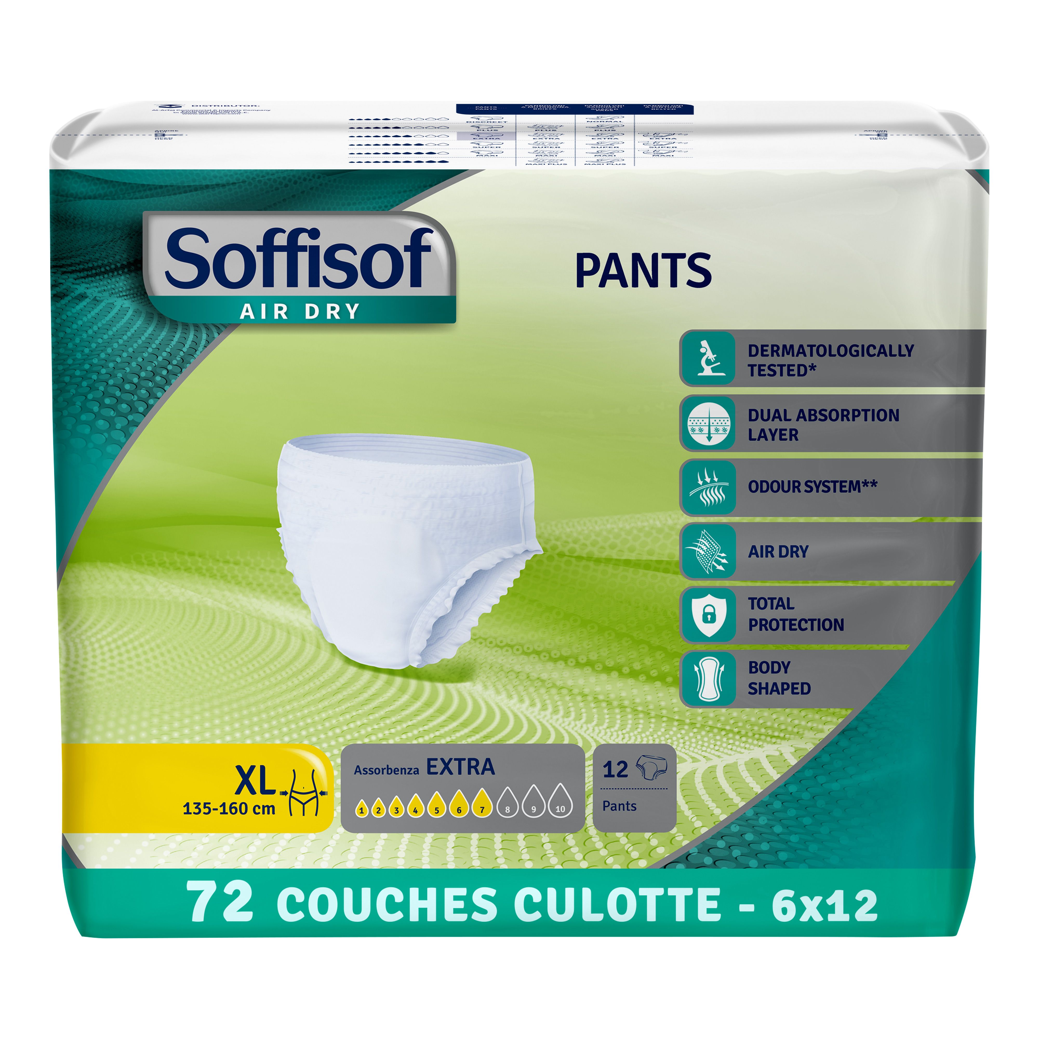 Paquet de Soffisof Pants Extra. XL, 135-160 cm. 12 couches. Testé dermatologiquement, double couche absorbante, contrôle des odeurs.