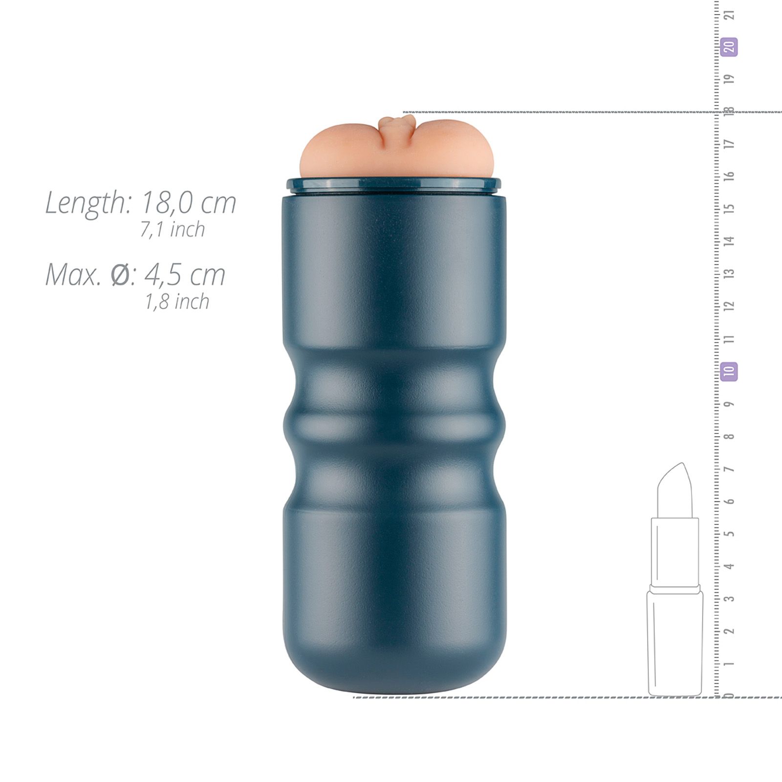 Produit cylindrique bleu foncé avec ouverture buccale. Dimensions: Longueur 18,0 cm, Ø 4,5 cm. Échelle.