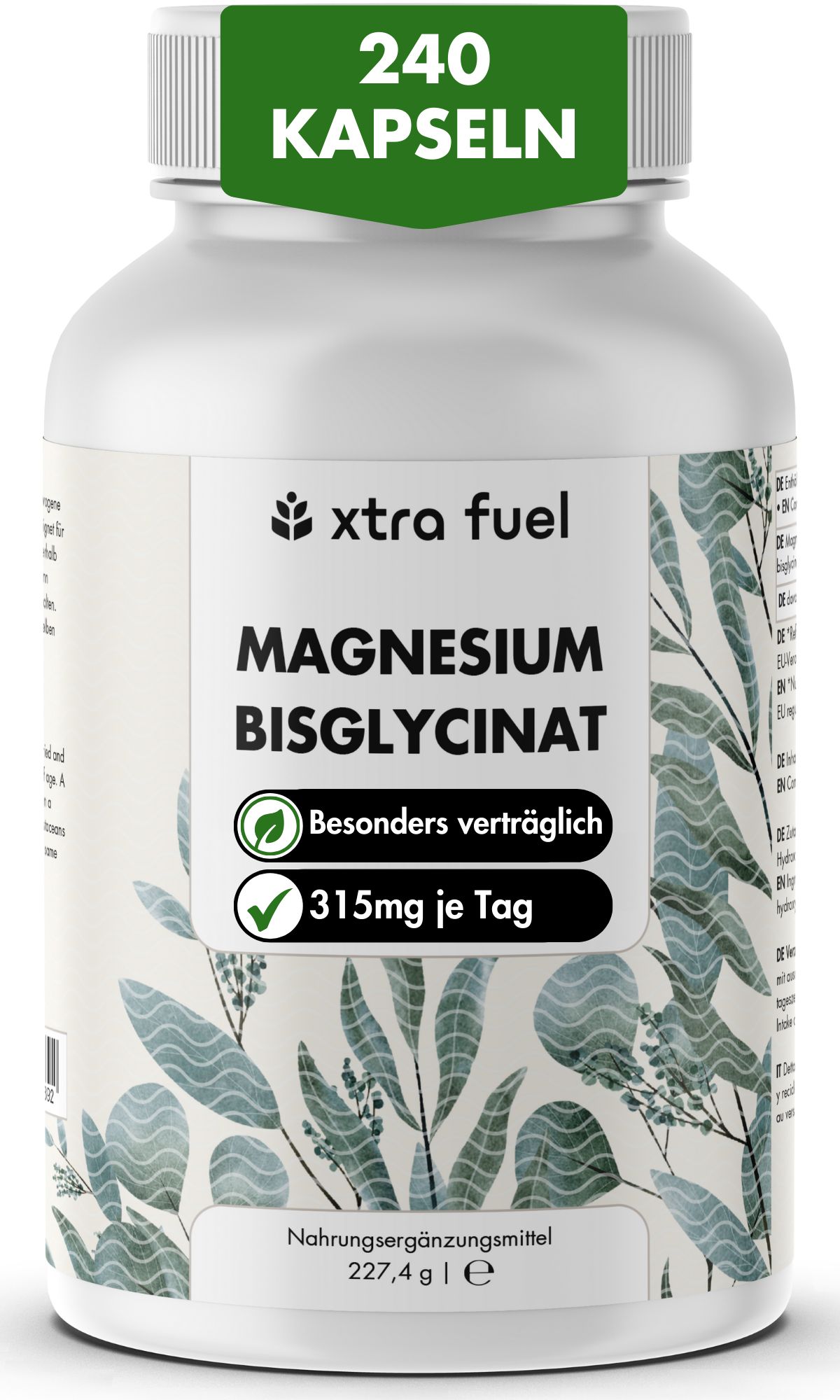 Weiße Flasche mit Kapseln. Aufschrift: XTRA FUEL Magnesium Bisglycinat. 240 Kapseln. Grün-weiße Etikett mit Blättern.