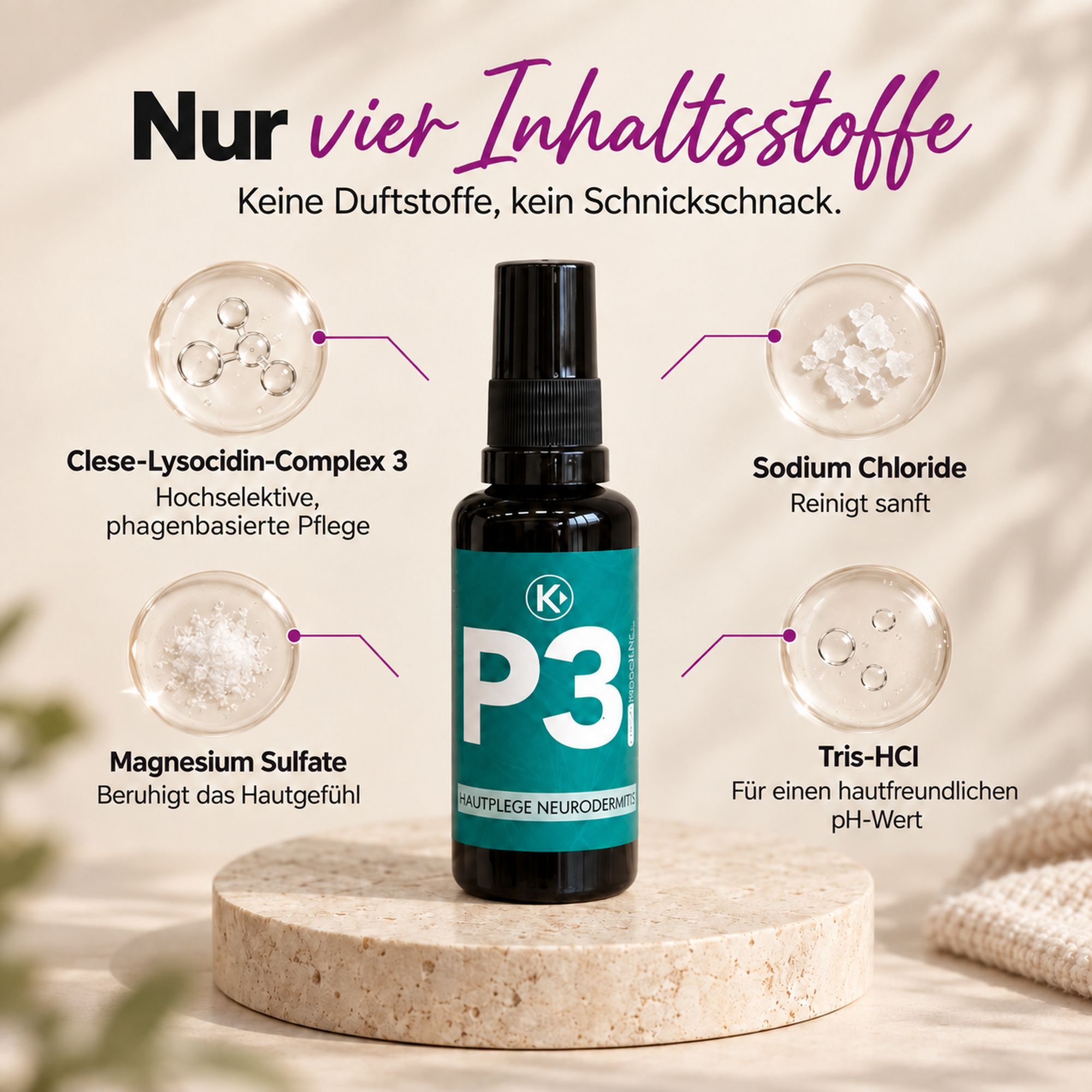 Clese P3 Spray: Nur vier Inhaltsstoffe. Mit Clese-Lysocidin-Complex 3.