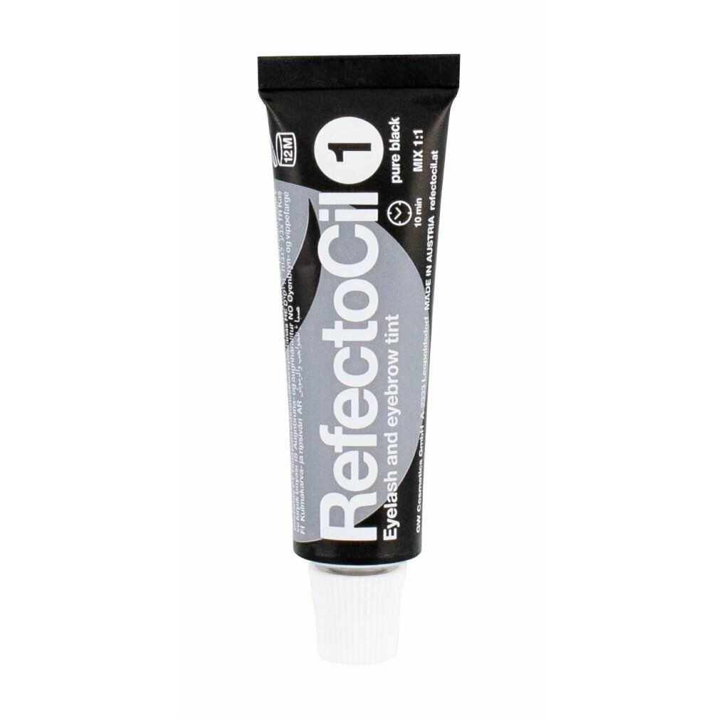 Schwarze Tube mit Produktnamen und Aufschrift "pure black". Augenbrauen- und Wimpernfarbe.