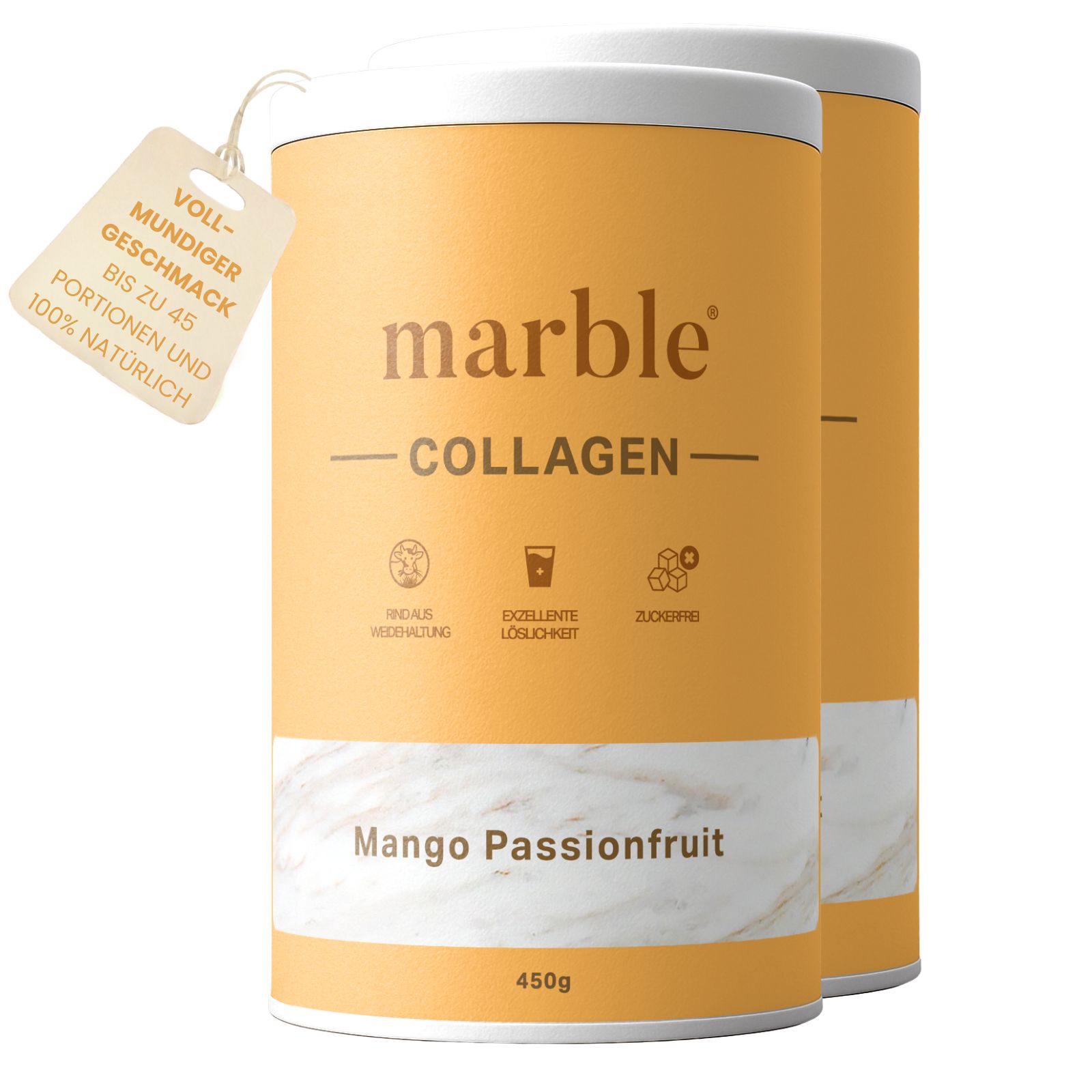 Zwei zylindrische Dosen mit weißem Deckel. Aufschrift: marble Collagen, Mango Passionfruit. 450g. Anhänger: vollmundiger Geschmack.